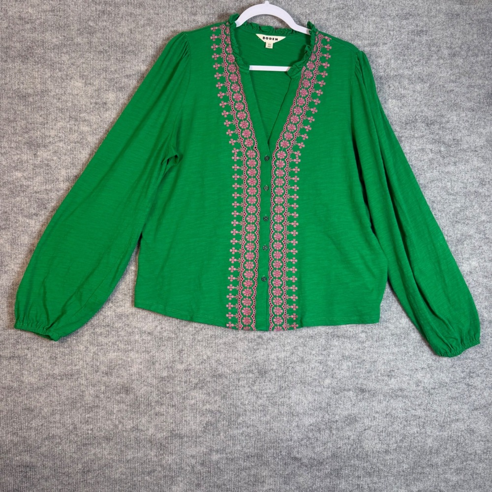 Boden Size-US14 Top Green Embroidered Ruffle Neck Slub Cotton Pink Floral